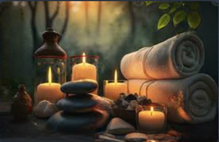 Calming ambiance with candles, smooth rocks, and neatly folded towels for a relaxing massage experience